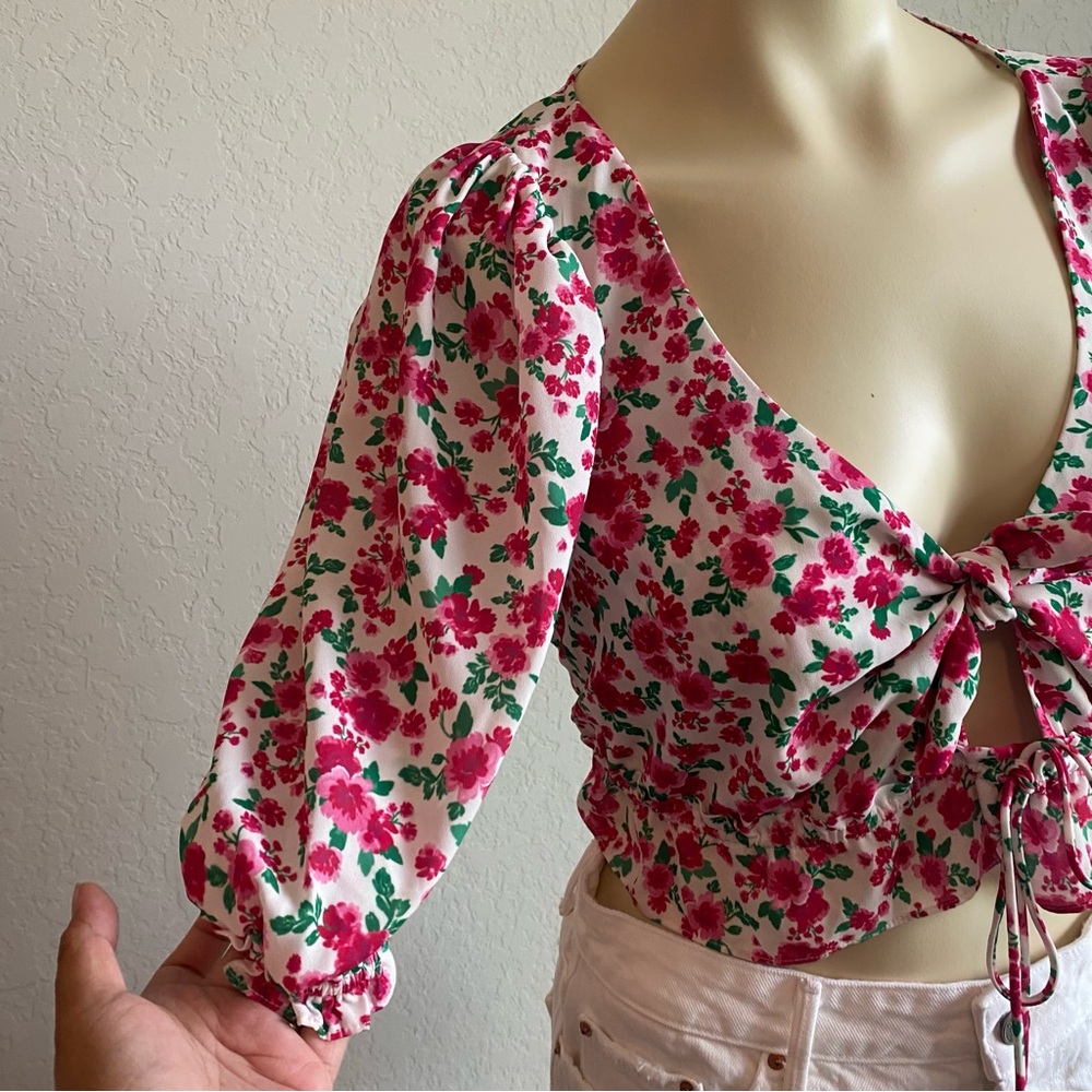 For Love And Lemons Womens Crop Top Size Small Floral Puff Sleeves Plunged - Picture 2 of 8